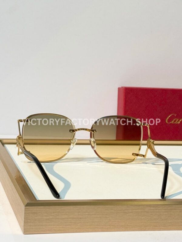 Cartier CT02283O Rimless Sunglasses Gold-Tone Panther Temples & Grey-Green to Yellow Gradient Lenses (4) Cartier CT02283O Rimless Sunglasses | Gold-Tone Panther Temples & Grey-Green to Yellow Gradient Lenses
