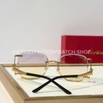 Cartier CT02283O Rimless Sunglasses Gold-Tone Panther Temples & Purple–Yellow Gradient Lenses (10) Cartier CT02283O Rimless Sunglasses | Gold-Tone Panther Temples & Purple–Yellow Gradient Lenses