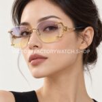 Cartier CT02283O Rimless Sunglasses Gold-Tone Panther Temples & Purple–Yellow Gradient Lenses (4) Cartier CT02283O Rimless Sunglasses | Gold-Tone Panther Temples & Purple–Yellow Gradient Lenses