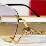 Cartier CT02283O Rimless Sunglasses Gold-Tone Panther Temples & Purple–Yellow Gradient Lenses (8) Cartier CT02283O Rimless Sunglasses | Gold-Tone Panther Temples & Purple–Yellow Gradient Lenses