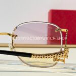 Cartier CT02283O Rimless Sunglasses Gold-Tone Panther Temples & Purple–Yellow Gradient Lenses (9) Cartier CT02283O Rimless Sunglasses | Gold-Tone Panther Temples & Purple–Yellow Gradient Lenses