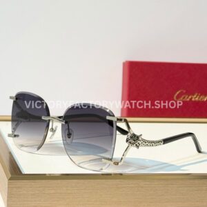 Cartier CT02283O Rimless Sunglasses | Silver-Tone Panther Temples & Grey Gradient Lenses