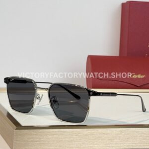Cartier CT0614O Titanium Square Sunglasses Silver Tone Frame, Black Temples & Dark Grey Lenses
