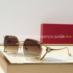 Cartier CT7194S Rimless Sunglasses | Gold-Tone Temples, Milky White Circular Accents & Brown Gradient Lenses